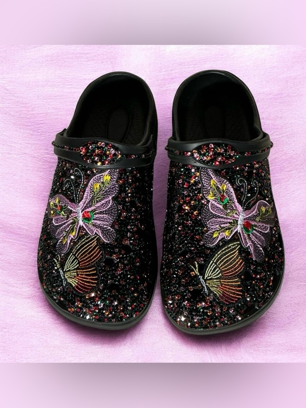 Embellished Black Slip-On Clog with Butterfly Embroidery
